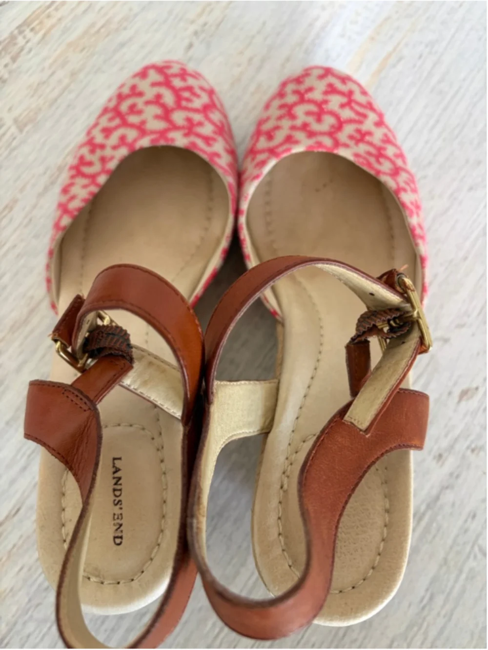 Women's Lands' End Pink Beige Patterned Espadrille Wedges 7.5